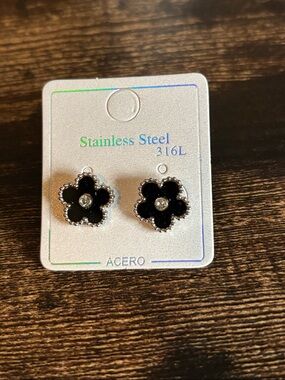 Black Clover Flower Stainless Steel Stud Earrings